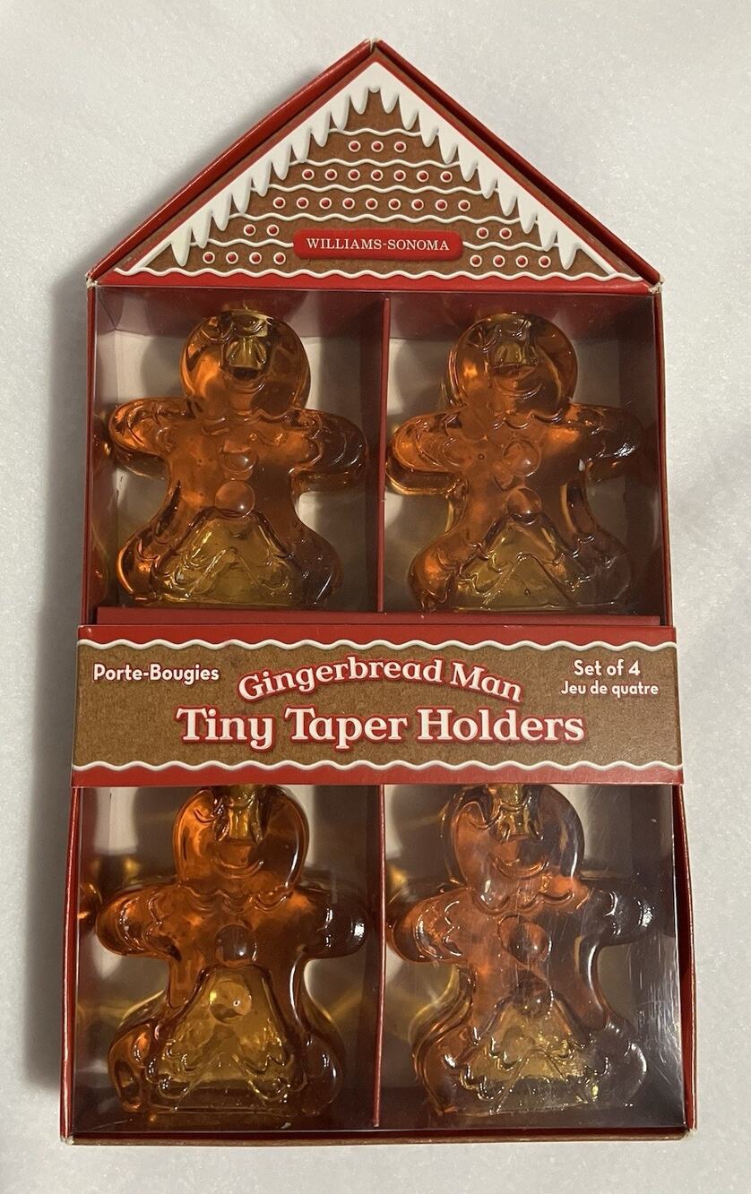 Williams Sonoma Gingerbread Man 4 Tiny Taper Candle Holders Amber Colored Glass